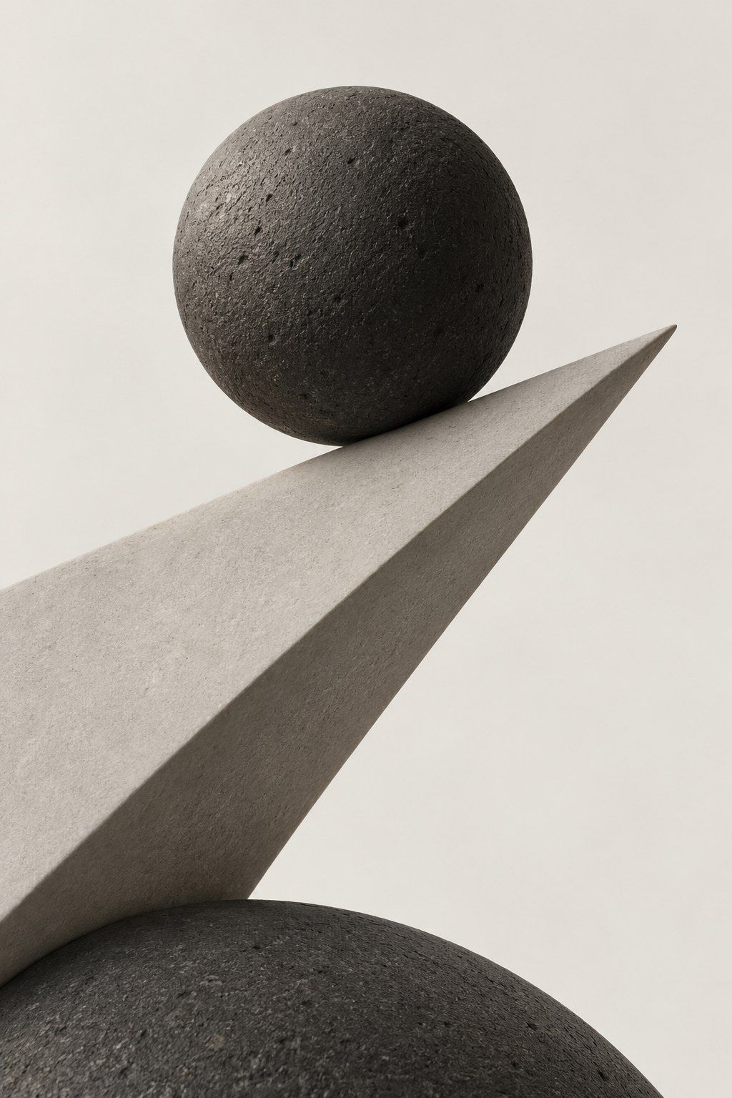 A dark stone ball balanced on a pale tilted stone blade above a dark stone dome, on a warm white ground.
